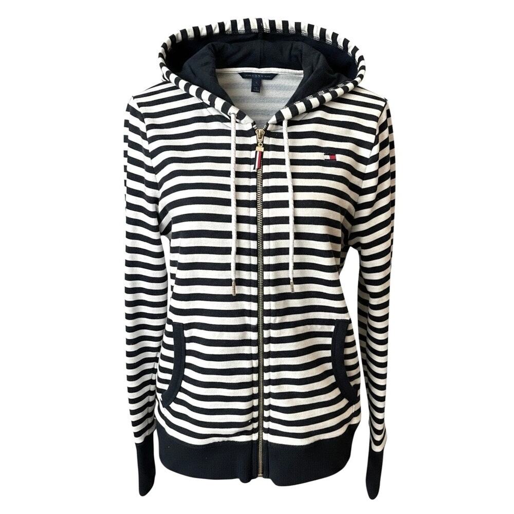 Tommy Hilfiger Women’s Medium Striped Full Zip Hoodie Blue Coastal Preppy